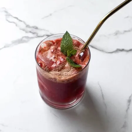 Verre rempli de melon d'eau couvert d'une poudre pétillante et de feuilles de menthe