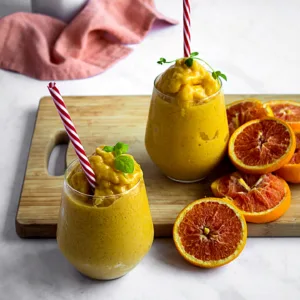 2 verres débordants de smoothie glacés jaunes à la mangue avec tranches d'oranges