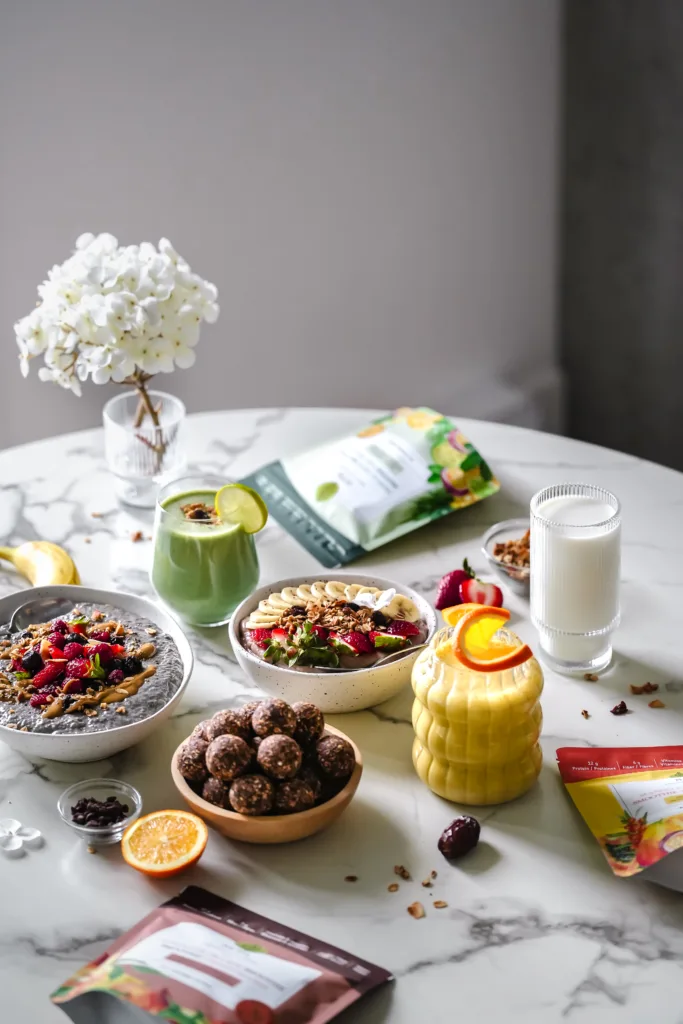 Table avec boules d'énergies et mélanges à smoothies SETA